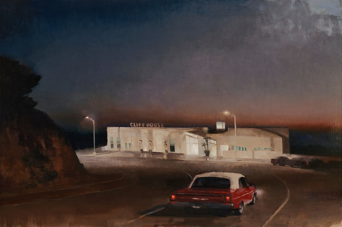 Kim Cogan painting of Cliff House restaurant and vintage red car at dusk