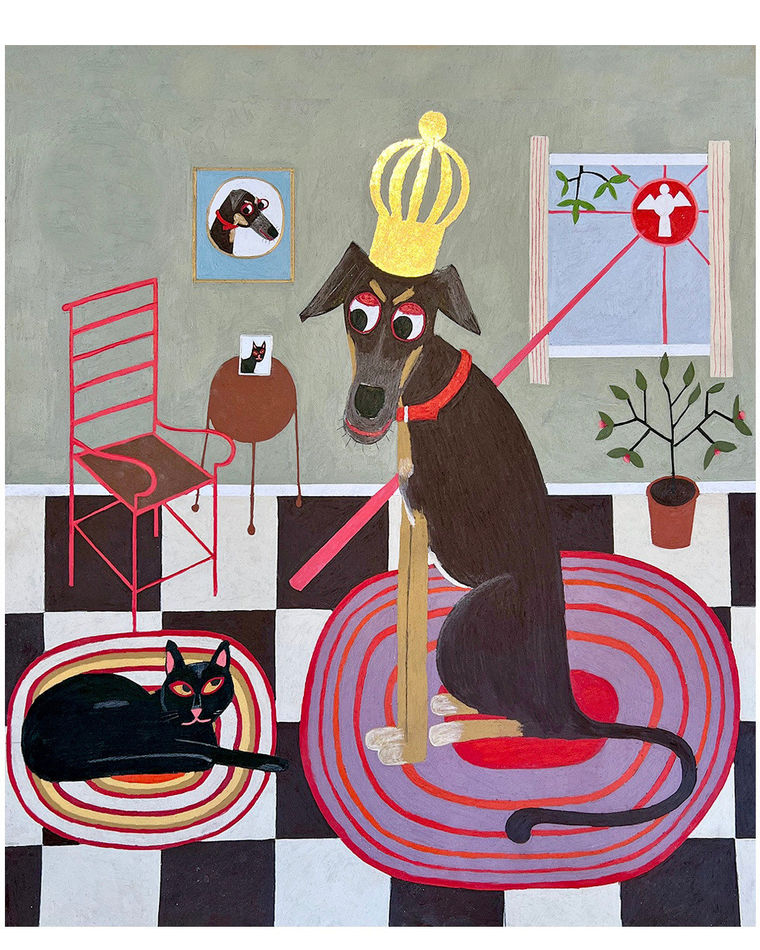 James Eddy - pastel drawing of a chihuahua with a crown looking down on a black cat in an interior space, the sun with an angel in front of it shines through the window