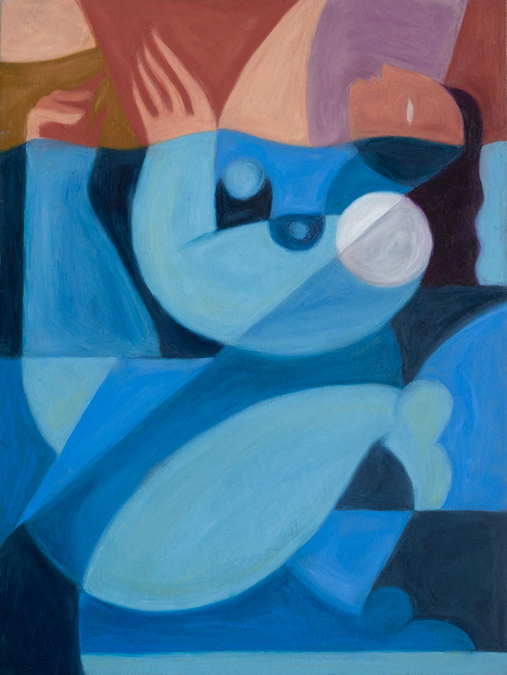 Drawing on paper of abstract geometric women in shades of blue and red