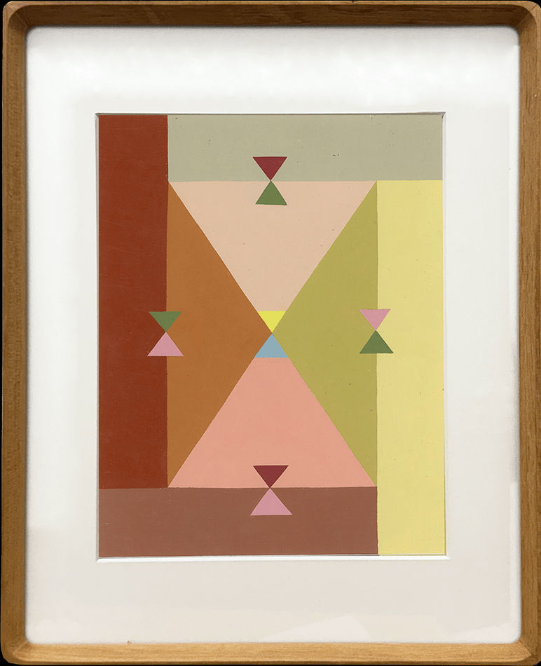 framed mutlicolor painting with triangles of alternating colors
