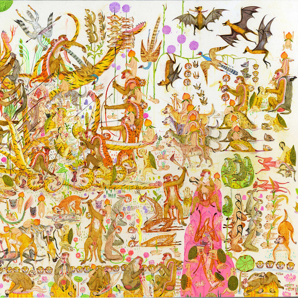 Detail shot of a painting by Mu Pan of creatures, animals and human hybrids eating, sleeping, killing, flying and climbing