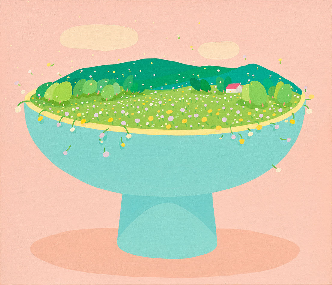 Danym Kwon - painting of a teal bowl contain a landscape and a with house with red roof. the background is painted pastel red.