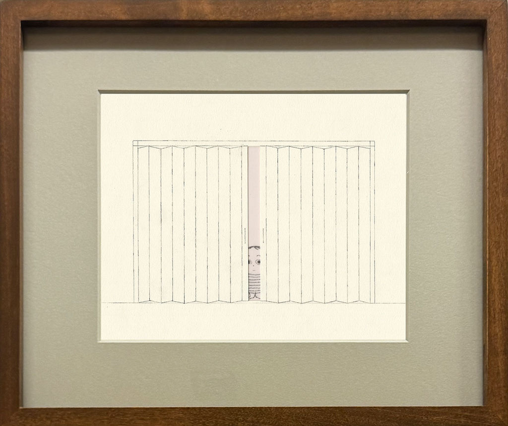 Framed drawing of a little girl peeking out from two window curtains