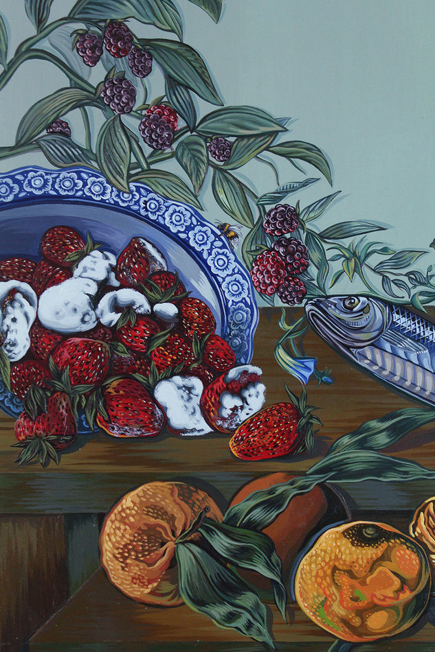 Painting of a a dog grabbing a whole fish from a table that is covered in strawberries, oranges and a giant bouquet of flowers with a moth flying over head.