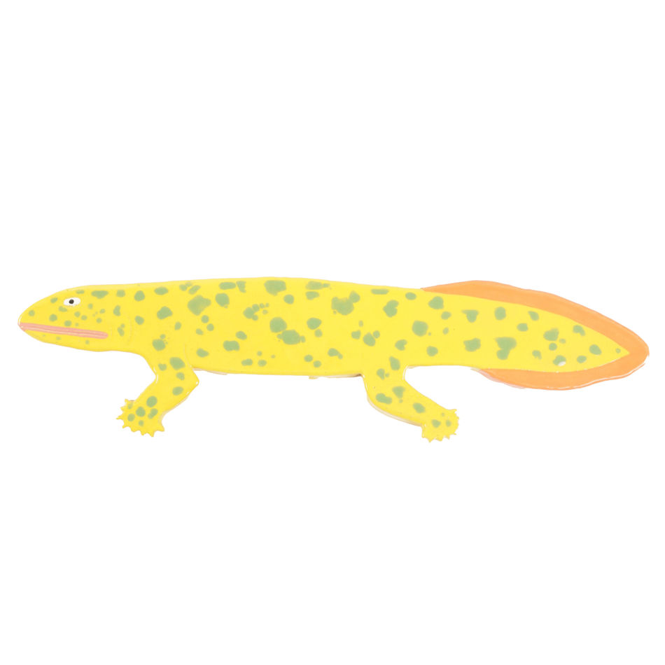 ceramic wall hanging of a yellow prehistoric aquatic lizard with green spots