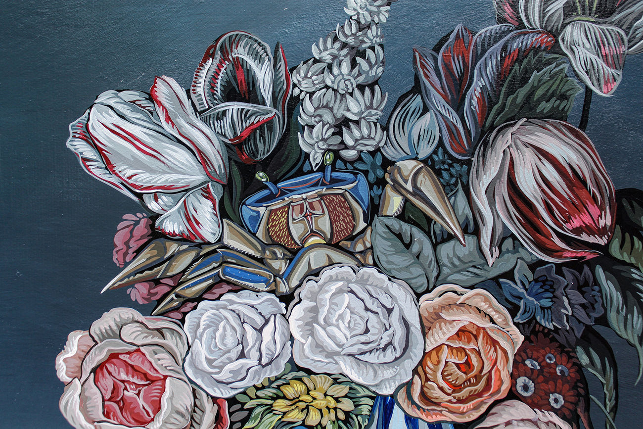 Tablescape painting of two black and white dogs on a table full of decadent food, including a basket of fruit with a grasshopper on it, a giant bouquet of flowers, a bowls of strawberries that has been know knocked over, a plate of giant shrimp, a bowl of whole fish and a white frosted cake that one of the dogs has walked into and gotten frosting all over the table.