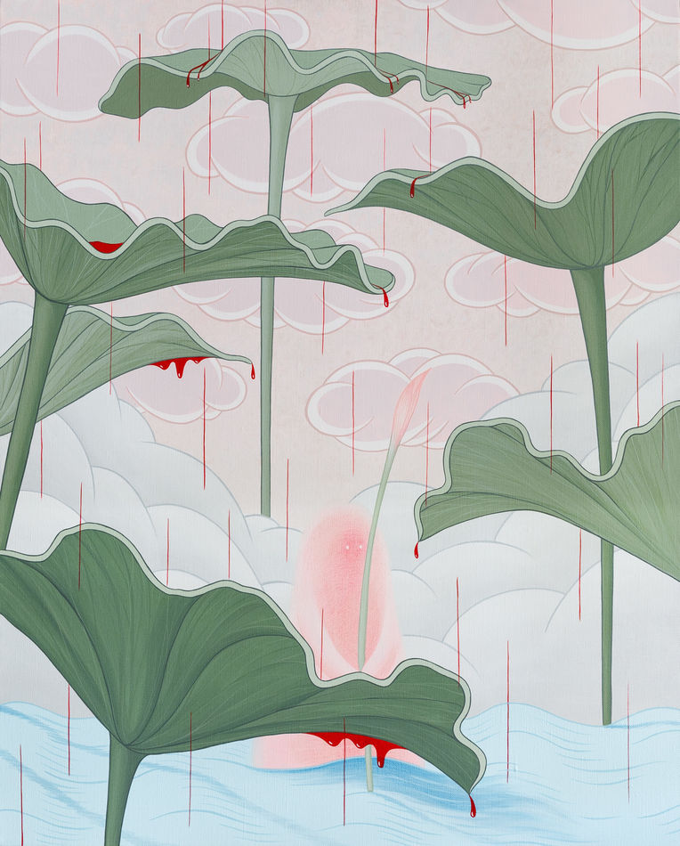 Ivory Yeunmi Lee plants in foreground with pink and blue sky and clouds in background