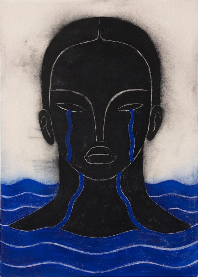 Hilda Palafox diptych of face of black hair and black faced woman crying blue tears into blue body of water / second piece is of two hands extending down into body of water,