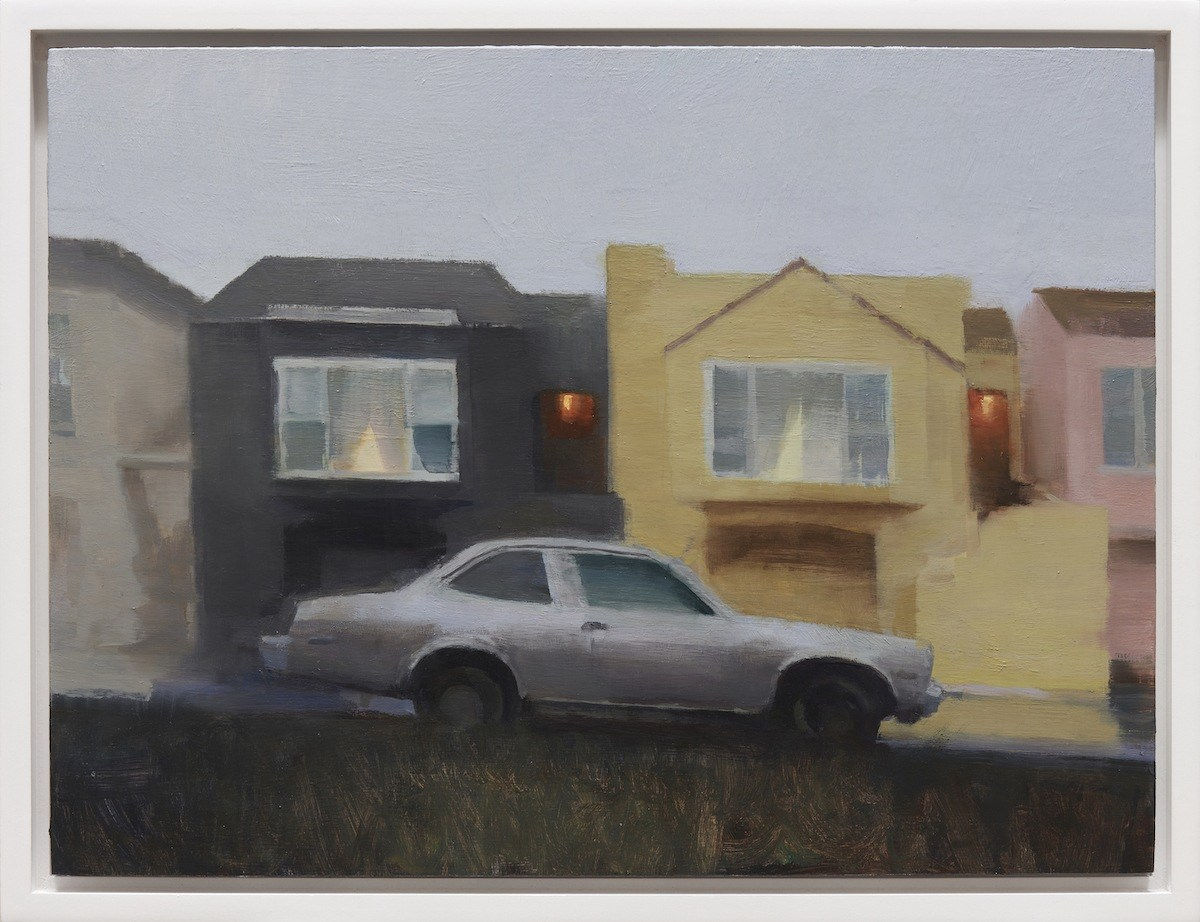 Kim Cogan painting of houses with car parked in front at dusk