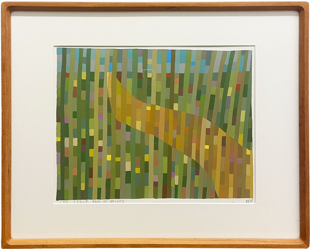 Painting of an abstract yellow road in a green grass field in wooden frame