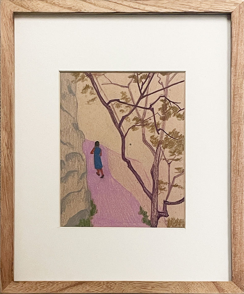 Colored pencil drawing of a woman walking on a purple road next to a purple tree in wood frame