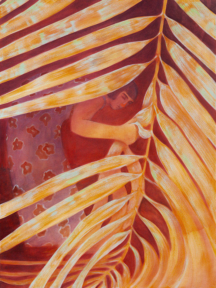 painting by Genevieve Cohn of a woman in a floral print dress bent over holding leaves in her hand