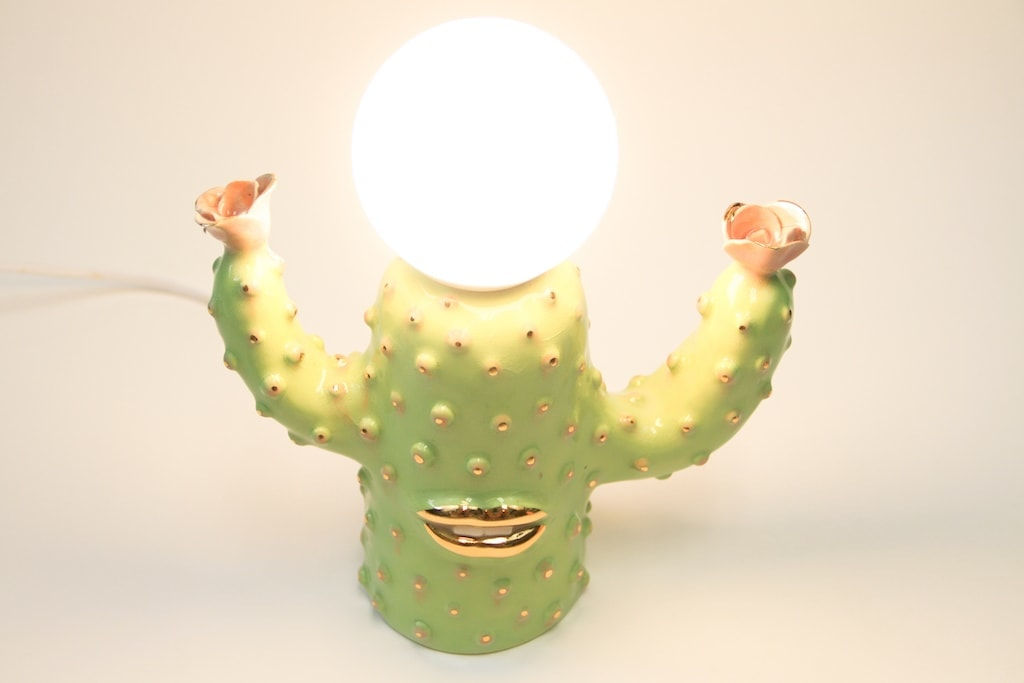 Jen Dwyer sculpture lamp of green cactus with gold lips holding pink flowers
