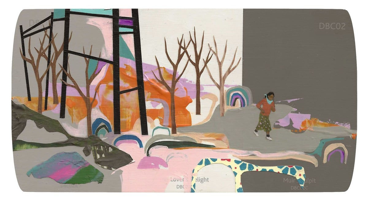 grey and pink landscape with a figure walking through it