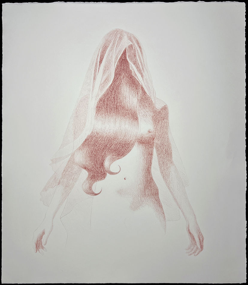 Red drawing of a nude woman with a veil on her head with her hair covering her face