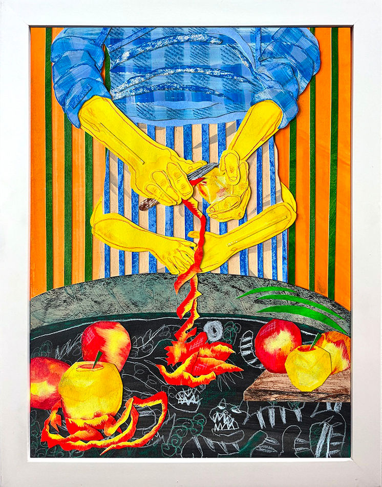 framed artwork by Pat Perry of a figure in blue with four yellow arms peeling an apple with an orange and green striped background