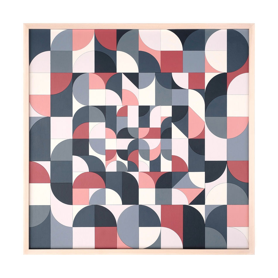 Scott Albrecht wood relief painting abstract forms in blue and pink tones