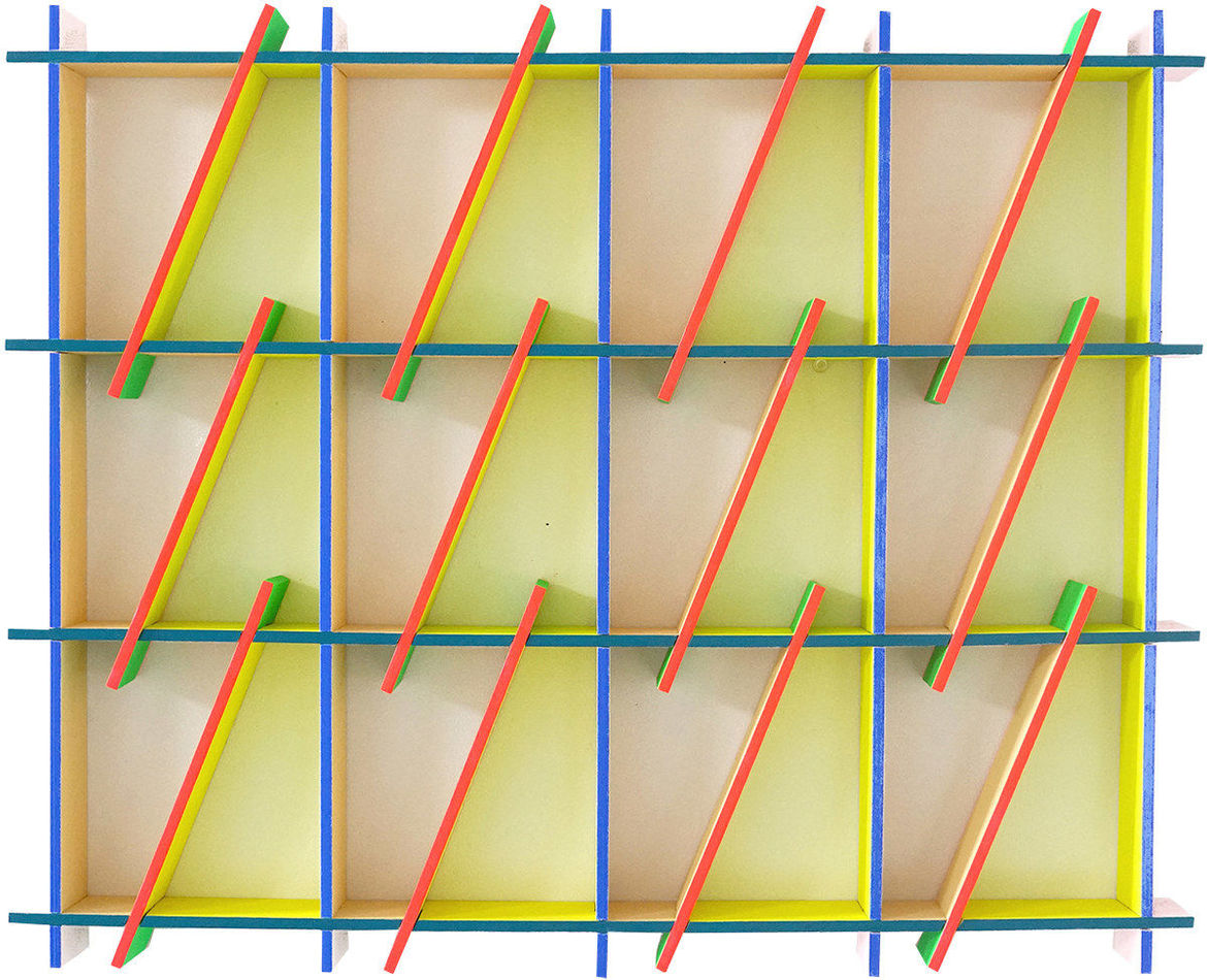 wooden sculpture made of 12 box shapes with a diagonal line through each one