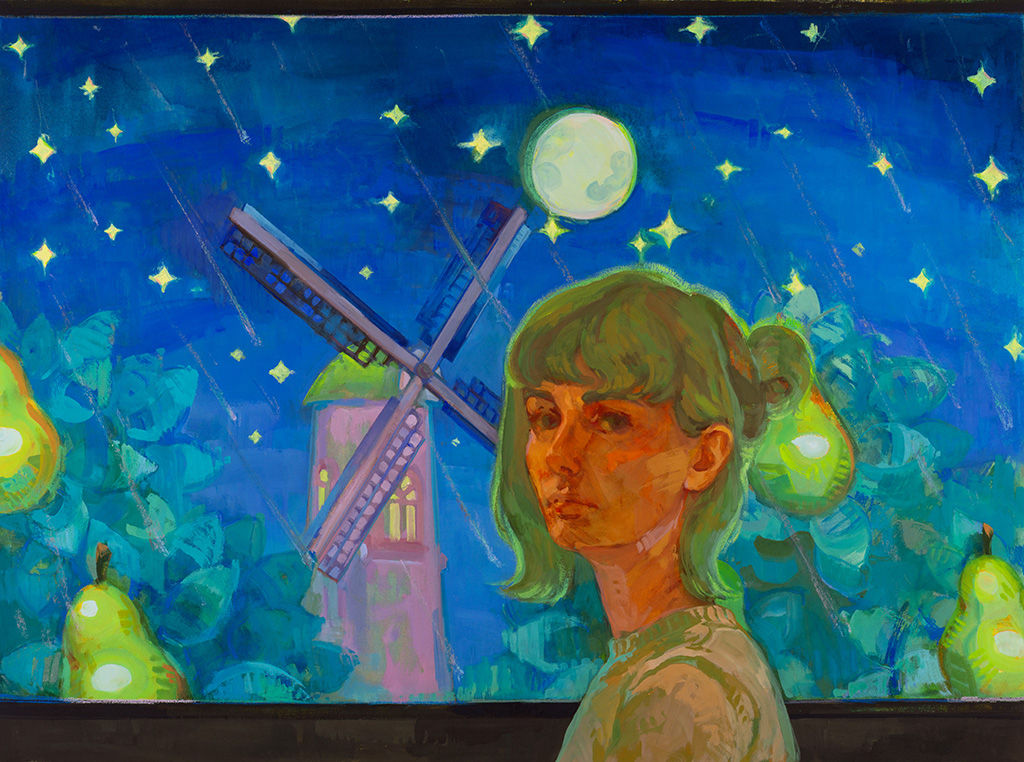 Work on paper by Rachel Gregor of a woman standing in front of a windmill and a full moon
