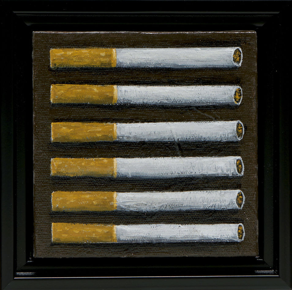 painting of six cigarettes in a row in a black frame