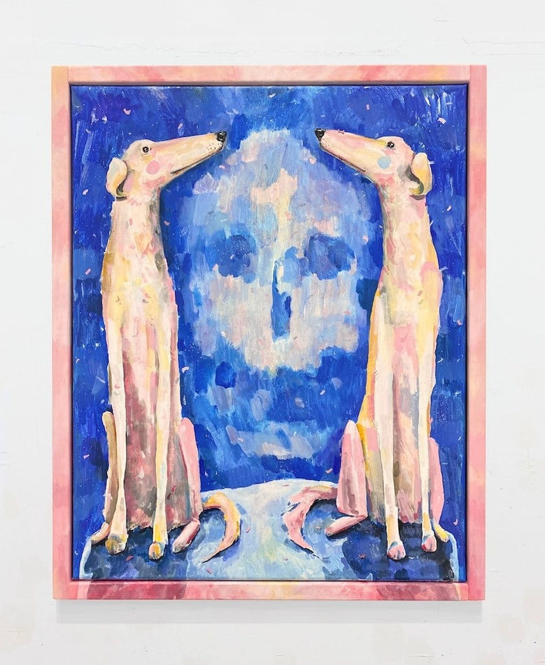 Brandon Vosika - acrylic and pencil on canvas, two dogs sitting on the same platform and looking towards each other, blue background with lighter shaded smiley face in between the dogs, hand painted pink frame.