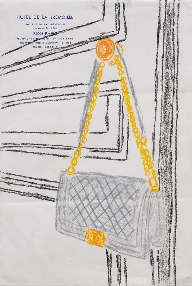 Drawing of a black quilted Chanel bag hanging on a doorknob on hotel stationery