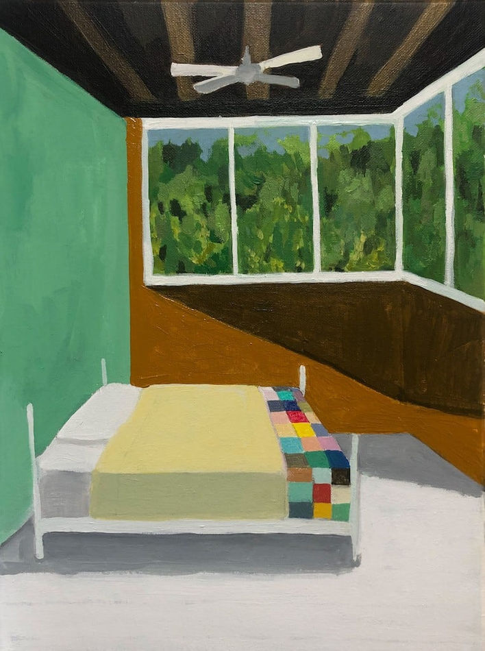 Polly Shindler painting of a sleeping porch with windows, bed at center with fan overhead