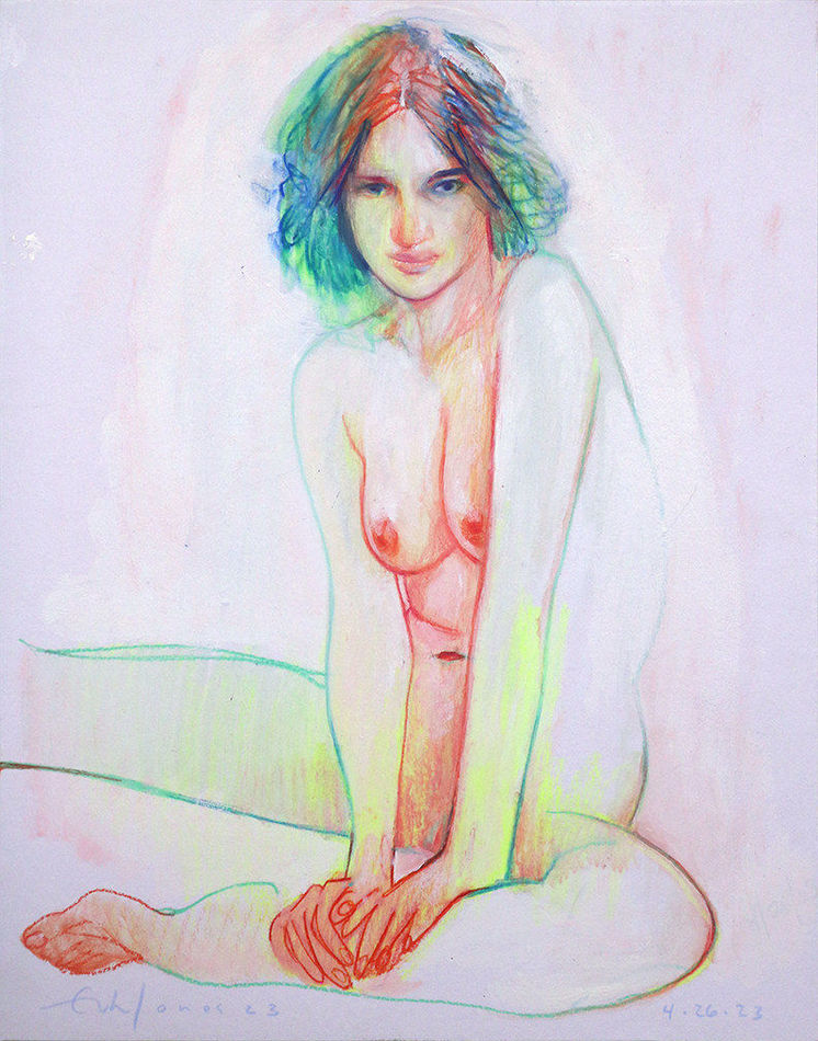 colorful sketch of seated nude woman leaning over with her hands on her legs