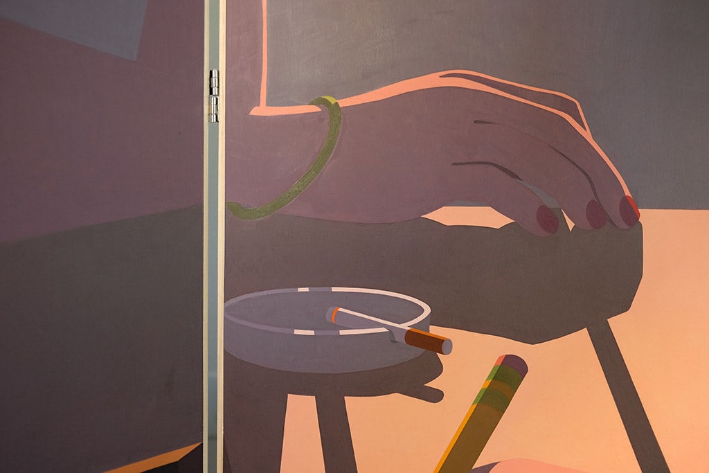 detail of a painting on a wooden room divider by artist Adrian Kay Wong depicting layered composition of an interior setting with two individuals sitting at a table, obscured by a partially opened door and door frame respectively