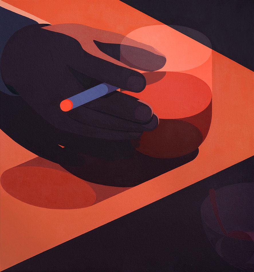 Still life painting of a hand holding a glass of red wine in a stemless glass and a lit cigarette in the same hand as well.