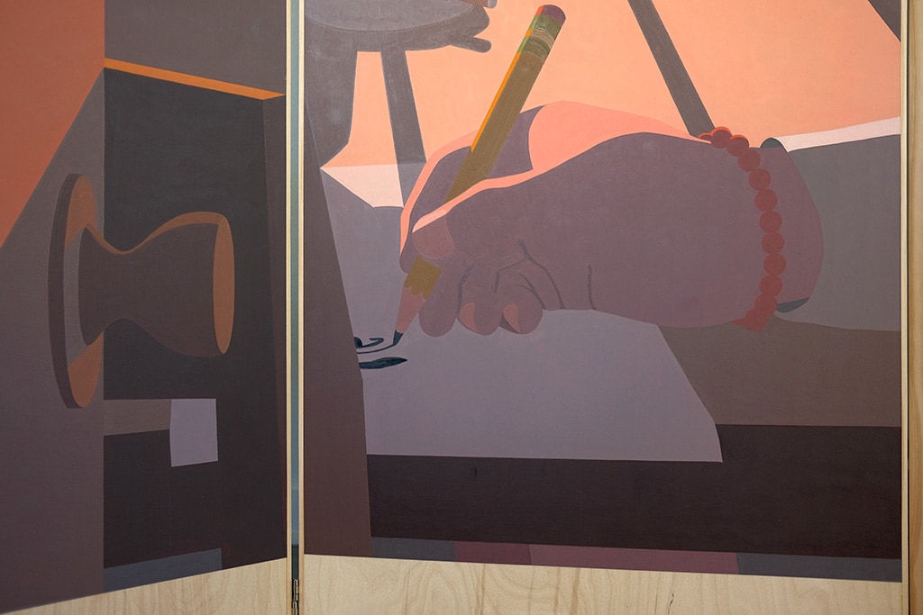 detail of a painting on a wooden room divider by artist Adrian Kay Wong depicting layered composition of an interior setting with two individuals sitting at a table, obscured by a partially opened door and door frame respectively