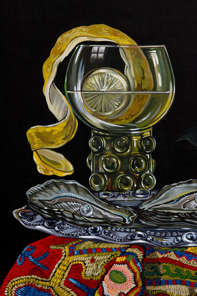 Detail photo of the oil painting still life, focusing on the glass and oysters by Sabrina Bockler