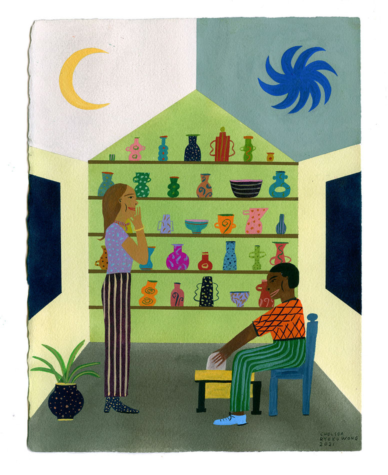 Chelsea Wong painting with two people sitting by a wall full of vases