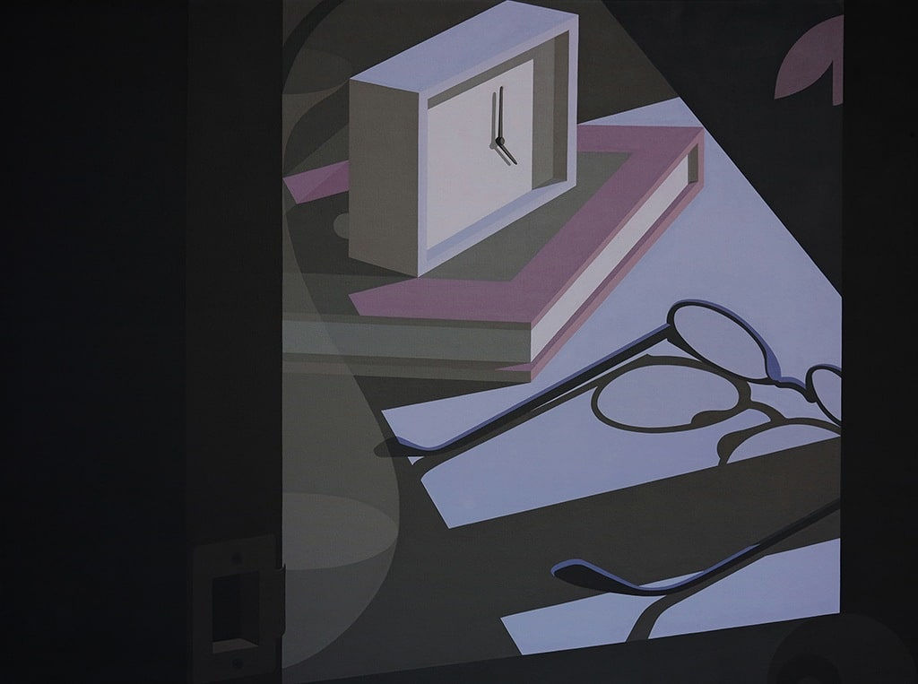 Still life painting of a bedside table with an alarm clock on top of a book and a pair of glasses besides it.