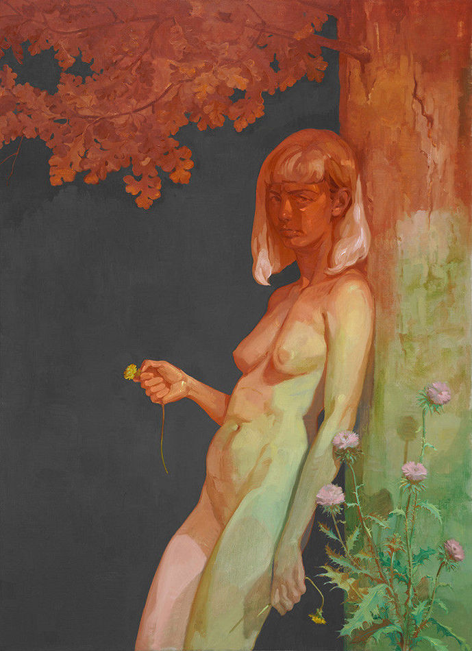 painting of a nude girl leaning against a tree and holding a small flower