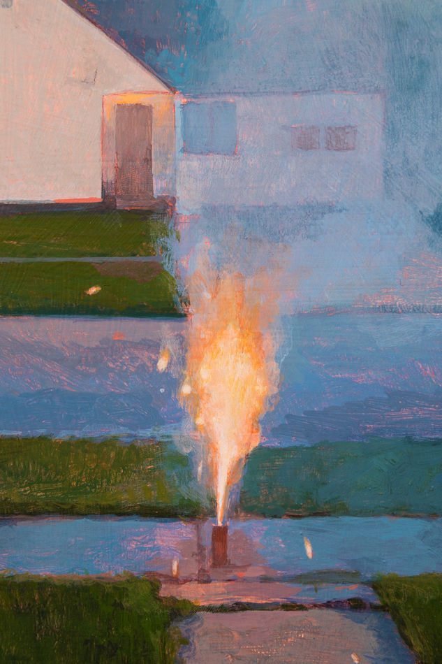 Painting of a firework going off on the sidewalk in front of a house, you can see the street and another house across the street. There is a small SUV parking along the sidewalk.