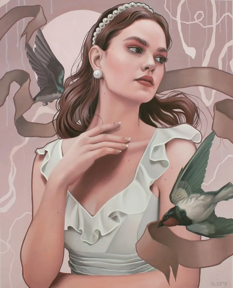 painting of a woman in a white dress with two birds holding a pink ribbon flying around her