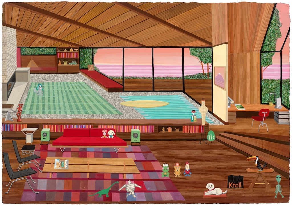 Painting of a colorful living room space with wooden walls and floors and a window looking out into the ocean