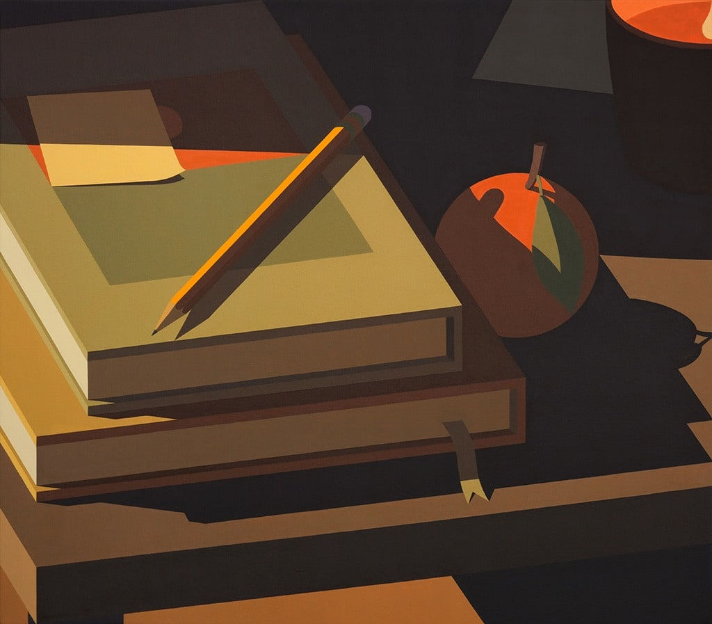 Still life painting of a desk with two books stacked on top of each other with a post it note on top and a pencil. Next to the books is an orange.