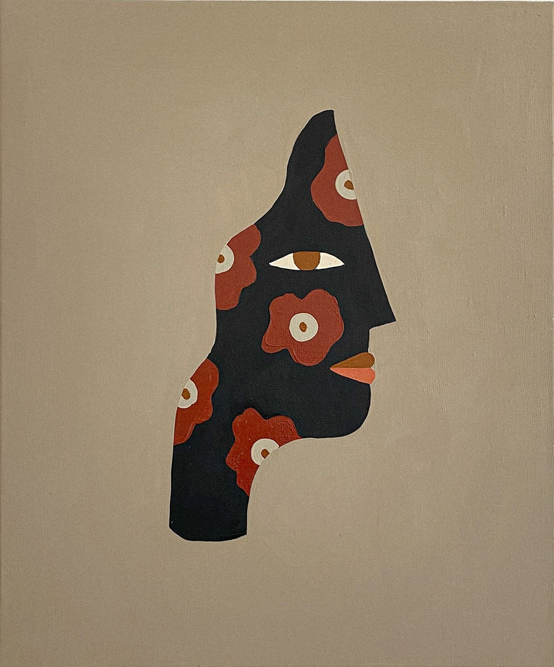 side profile of a face in black with a pattern of red flowers on top of a beige background