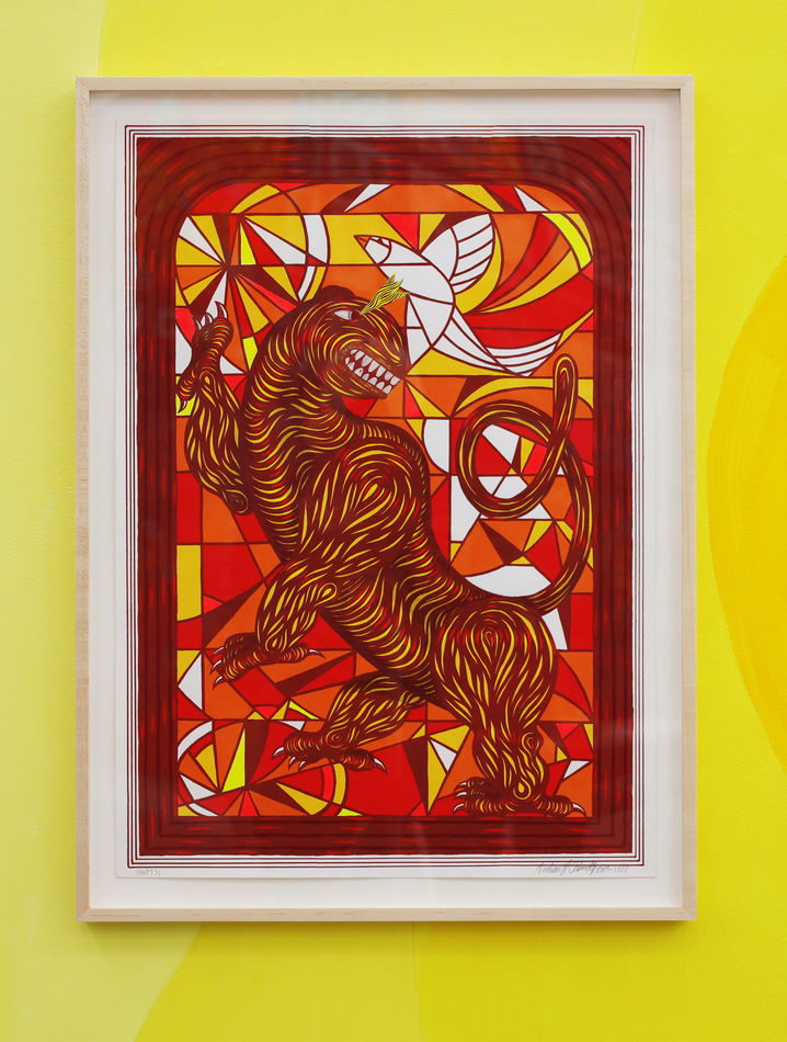 Andrew Schoultz - painting of red tiger in stained glass