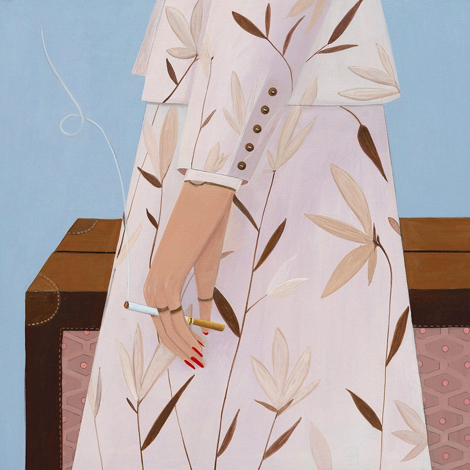 Painting of the bottom half of a woman wearing a matching skirt and jacket set in light pink with brown and beige floral pattern. She is holding a cigarette in one hand and a suitcase in the other. The background is a light blue
