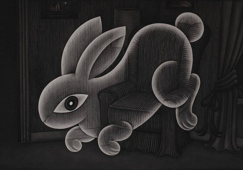black and white painting of a ghost rabbit floating in a living room