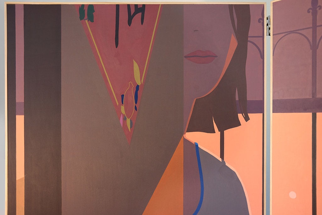 detail of a painting on a wooden room divider by artist Adrian Kay Wong depicting layered composition of an interior setting with two individuals sitting at a table, obscured by a partially opened door and door frame respectively