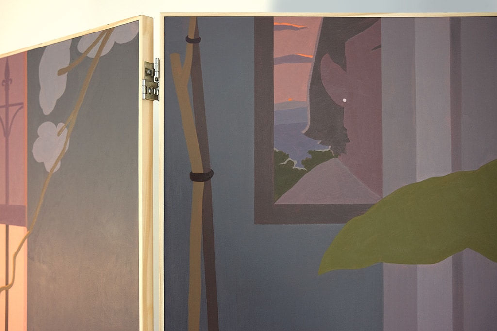 detail of a painting on a wooden room divider by artist Adrian Kay Wong depicting layered composition of an interior setting with two individuals sitting at a table, obscured by a partially opened door and door frame respectively