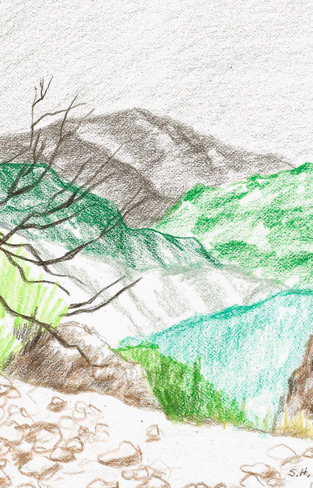 sketch of a mountain scene with tree branches peaking out of the left side