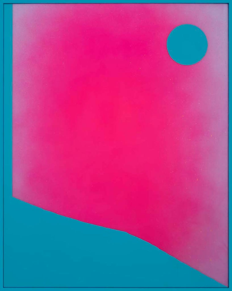 Rachel Strum paint and resin piece, abstract shapes in bright blue and pink