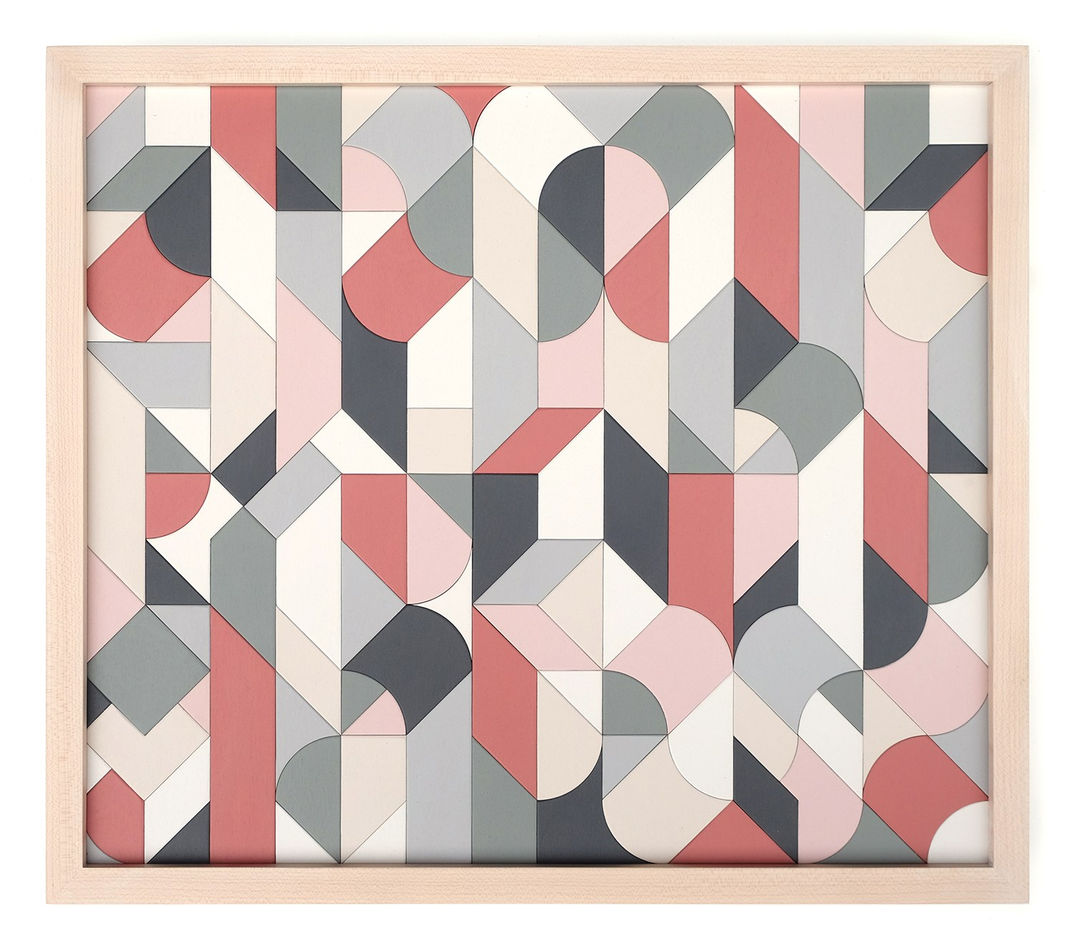 Scott Albrecht wood relief painting in pink and gray tones