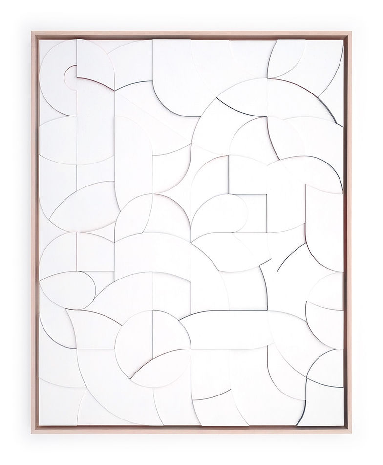 Framed all white wood relief sculptural piece made up of spiral shapes and curves by artist Scott Albrecht