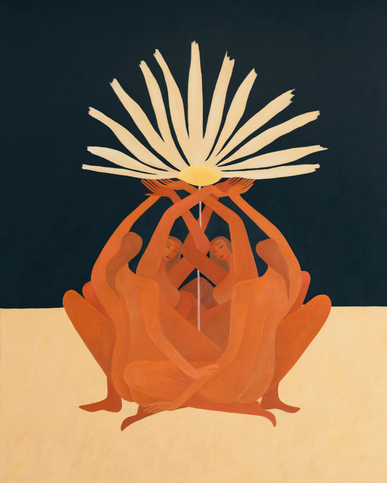 Laura Berger painting of a group of women holding up a flower